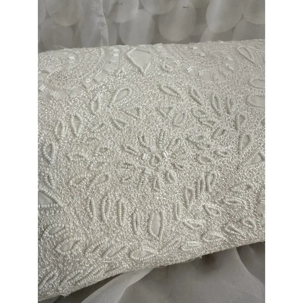 VTG Pier One White Accent Pillow Embroidered Beaded Flowers Rectangular Lumbar